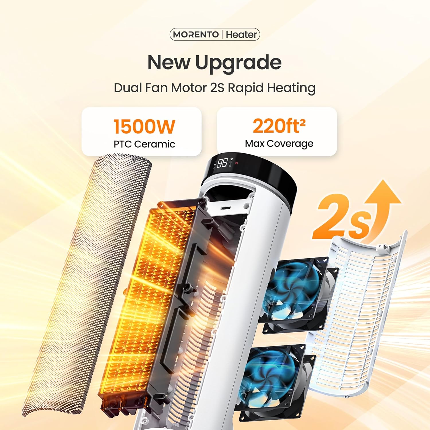 MORENTO Space Heater for Indoor Use, 1500W Ceramic Fast Heat, Electric Space Heater for Large Room with Remote, Thermostat, Digital Display, 5 Modes, 12H Timer, 70° Oscillation, 23dB White 1 Pack