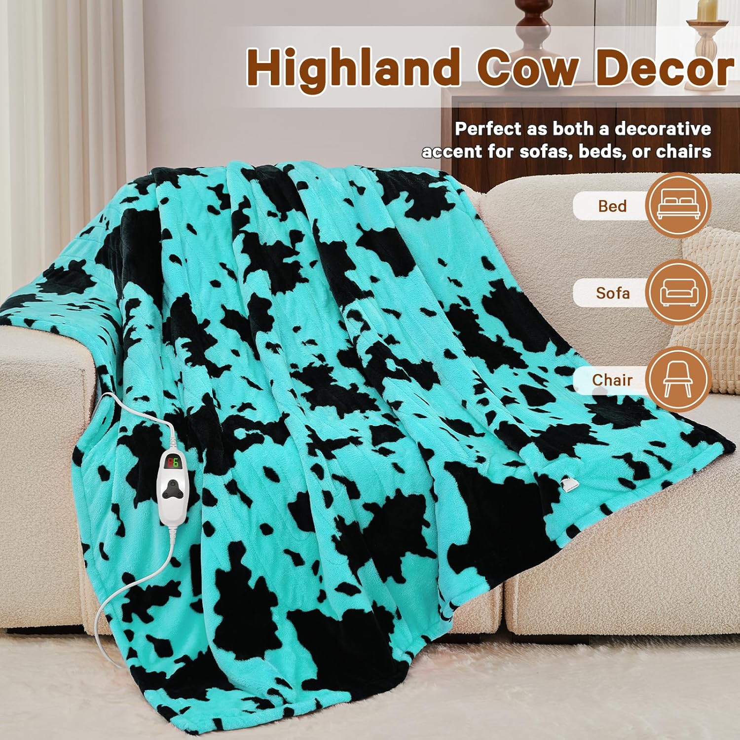 Cow Print Heated Electric Blanket Throw,50X60 Green Heating Blanket with 10 Heats Levels & 8 Hours Auto Off,Highland Cow Decor Stuff Fleece Sherpa Blankets Warmer Gifts for Women Adults Washable