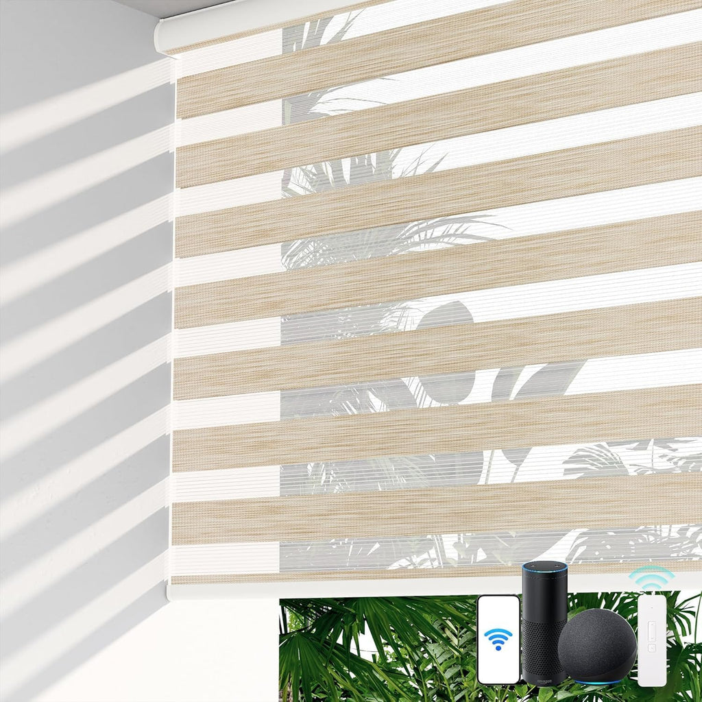 LazBlinds Motorized Zebra Roller Shades, Rechargeable Smart Blinds with Remote Control, Custom Size Light Filtering Dual Layer Roller Sheer Shades, Beige Linen