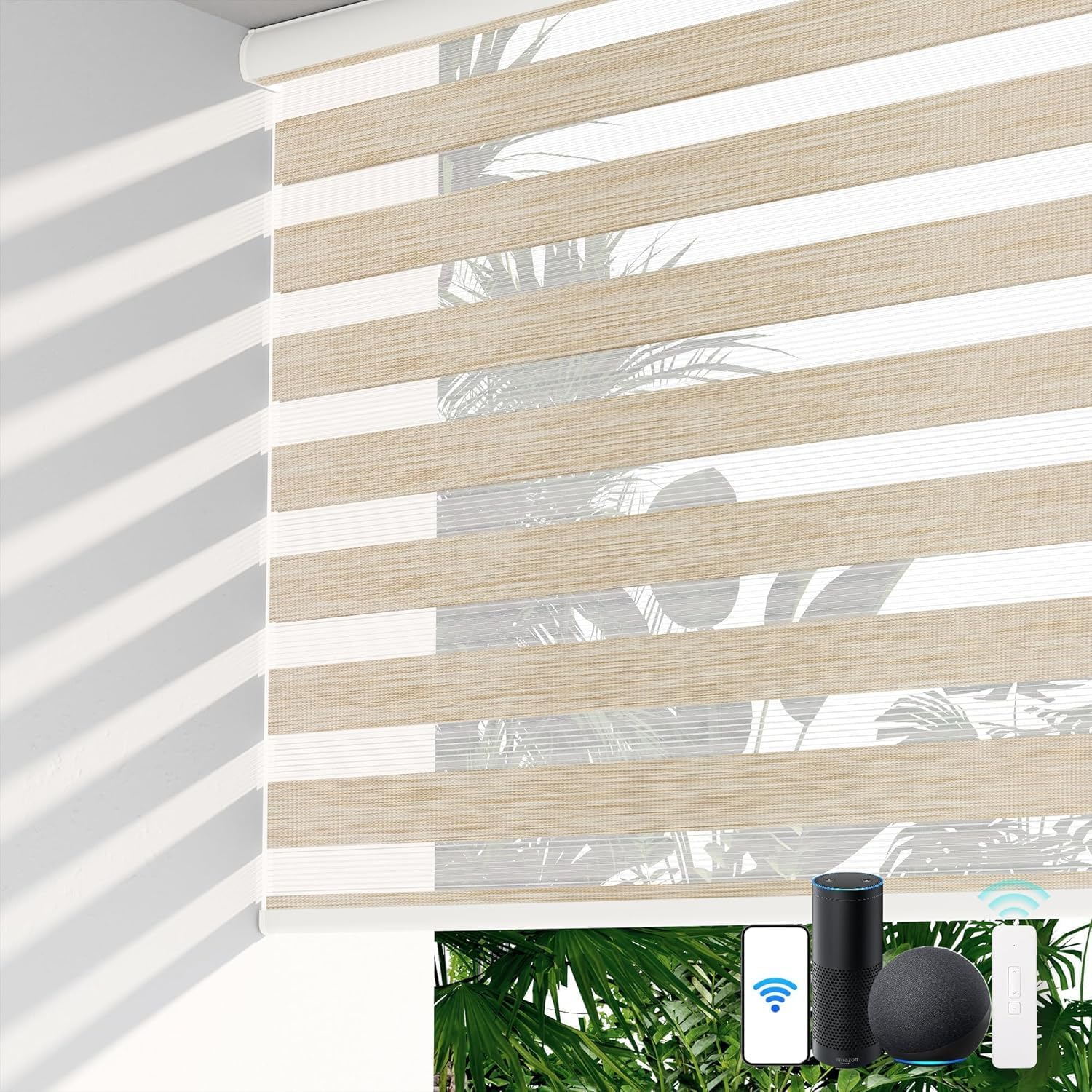 LazBlinds Motorized Zebra Roller Shades, Rechargeable Smart Blinds with Remote Control, Custom Size Light Filtering Dual Layer Roller Sheer Shades, Beige Linen