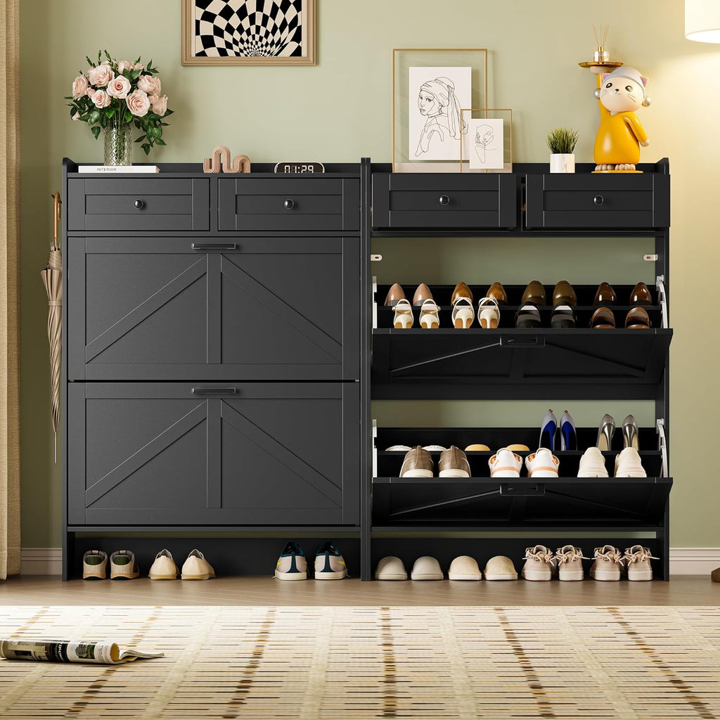 Shoe Storage Cabinet for Entryway, Farmhouse Narrow Shoe Cabinet with 2 Flip Drawers & Top Drawers, Adjustable Shelves & Hooks, Freestanding Hidden Rack Organizer for Hallway, Foyer