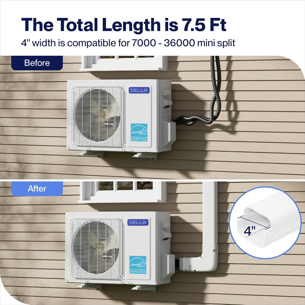 Della 4" 7.5 Ft Mini Split Line Set Cover, Decorative PVC Lineset Cover Kit, Paintable for Air Conditioner, Central AC, HAVC & Heat Pumps Systems Tubing Cover, White
