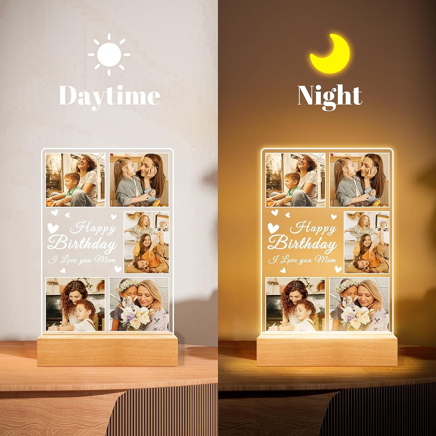 Custom Picture Frames with Photos, Personalized Photo Frame with Night Light, Customized Mothers Day Gifts for Mom, Personalized Birthday Gifts for Mom from Daughter Son