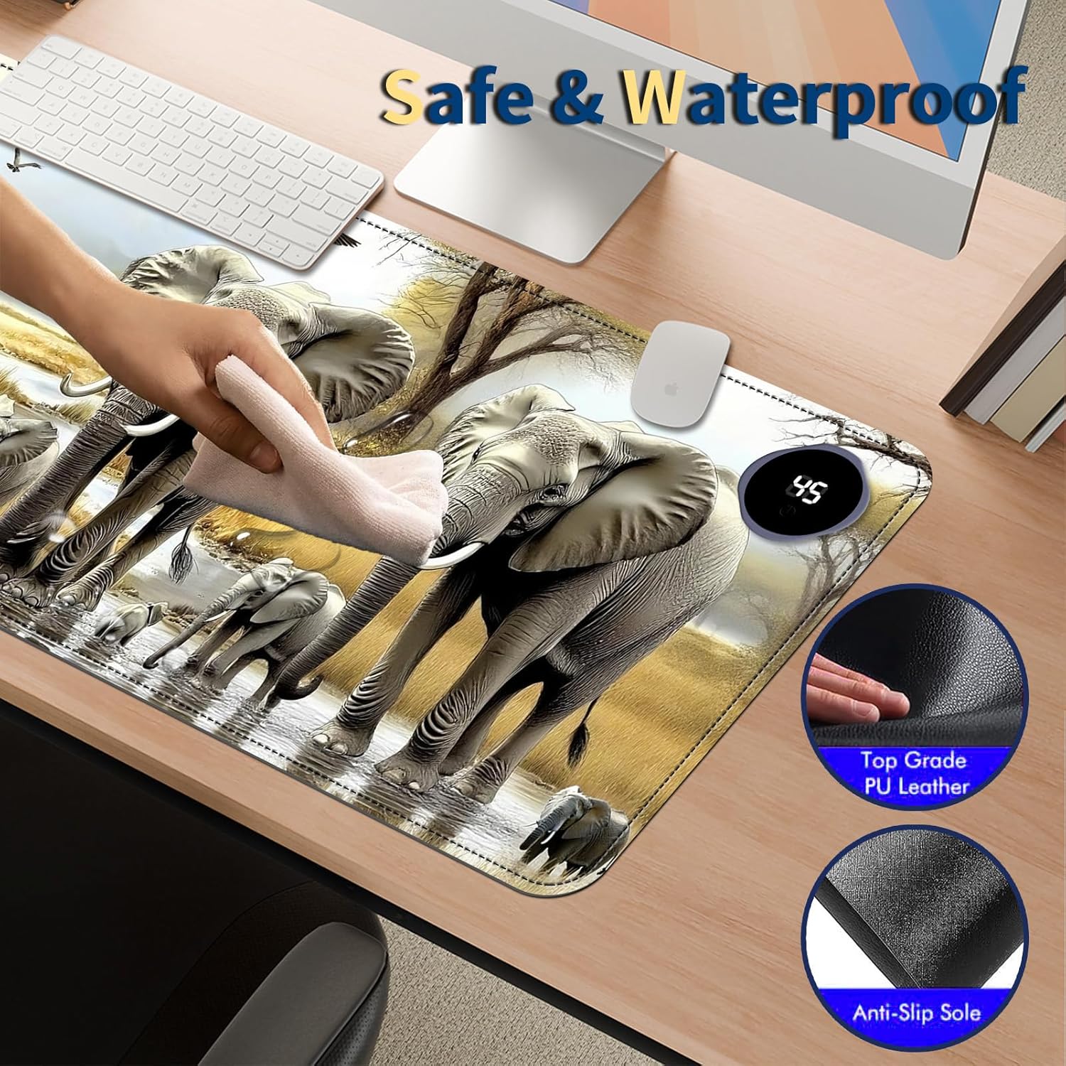 Heated Mouse Pad with 3 Temperature Settings(104°F–122°F),Large 31.5x13 Inch PU Leather Heated Desk Mat,Waterproof Warming Pad for Office,Gaming & Cold Hands Relief,Elephant Herd