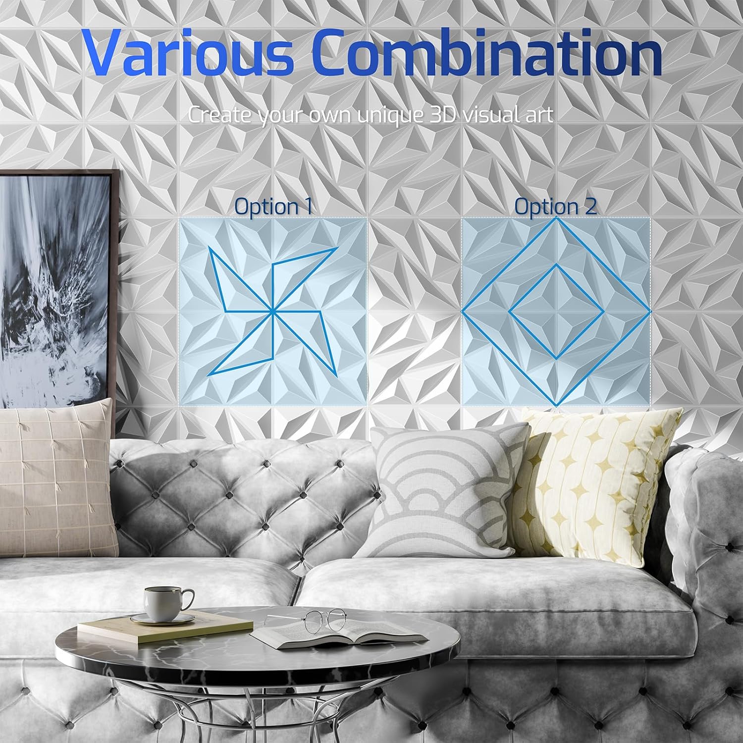 48 Pack White 3D Wall Panels for Interior Wall Decor, 11.8'' x 11.8'' Decorative Wall Panels, Accent Wall Panels, 3D Diamond Design Wall Decor for Living Room, Bedroom, Gaming Room