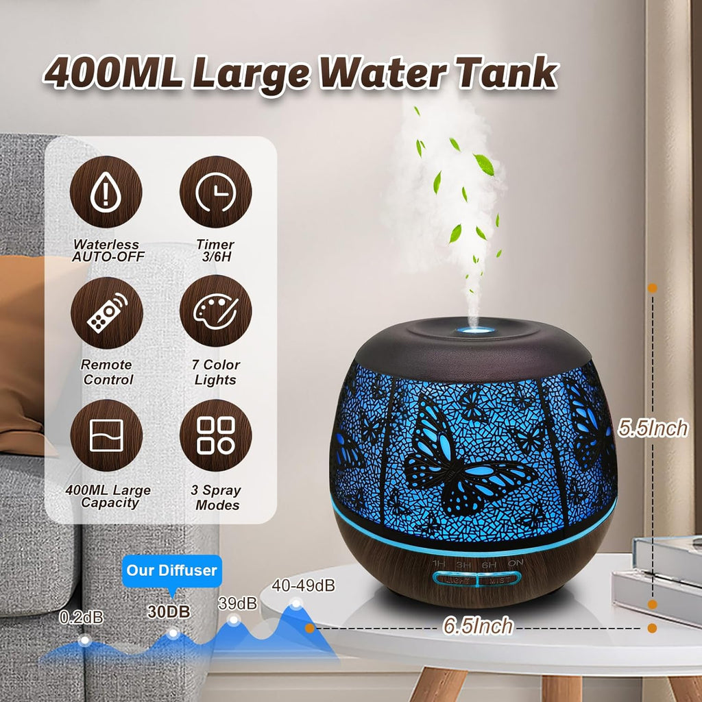 Diffusers for Essential Oils Large Room 400ml,Essential Oil Diffuser for Home with R/C,Cool Mist Humidifiers for Bedroom,7 Colors Changed & 3 Mist Mode Waterless Auto Off for Decor Butterfly