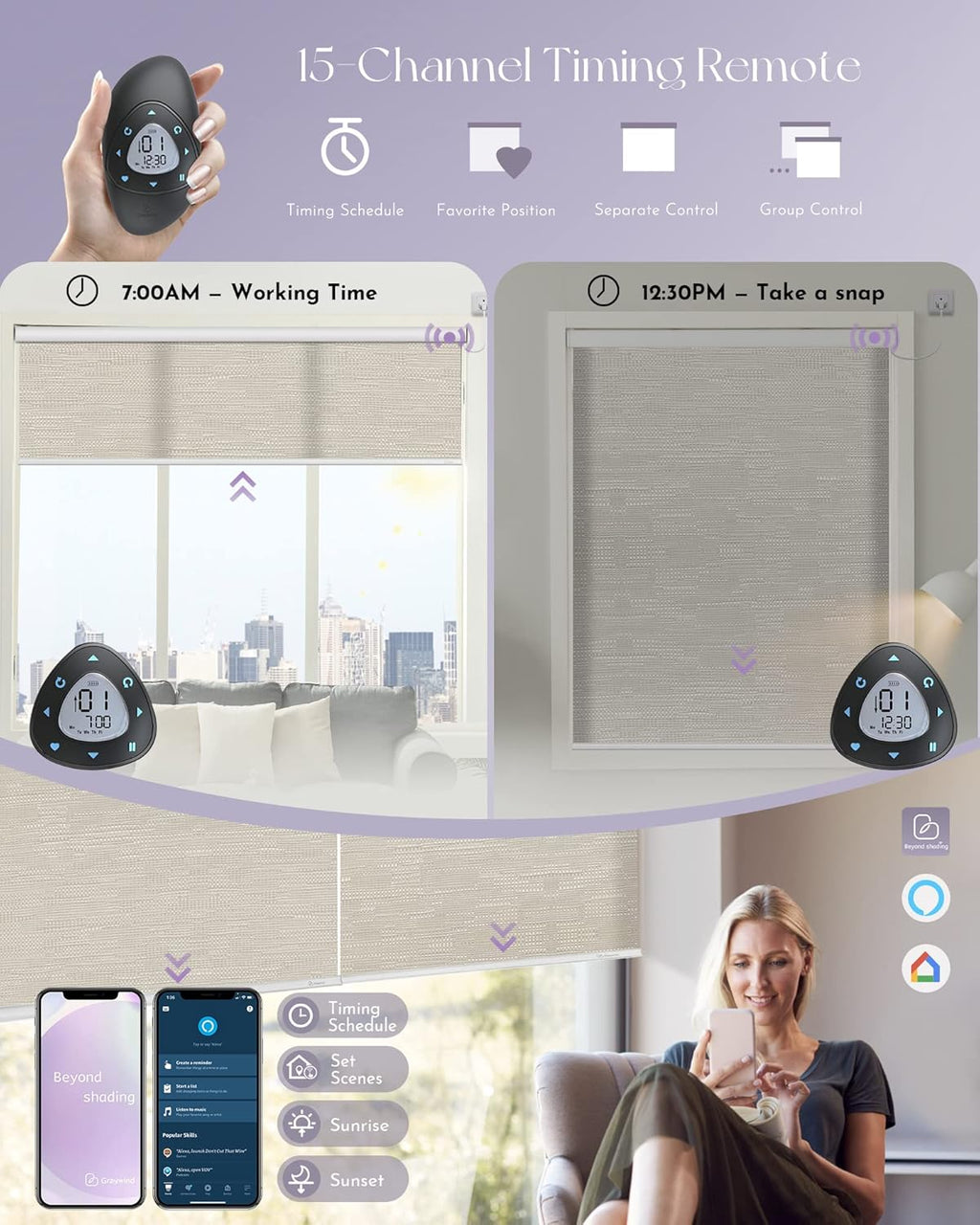 Graywind Motorized Light Filtering Shades Compatible with Alexa Google Hardwired WiFi Smart Half Shading Remote Control Automated Blinds Electric Window Shades, Custom Size (Jacquard Coffee)