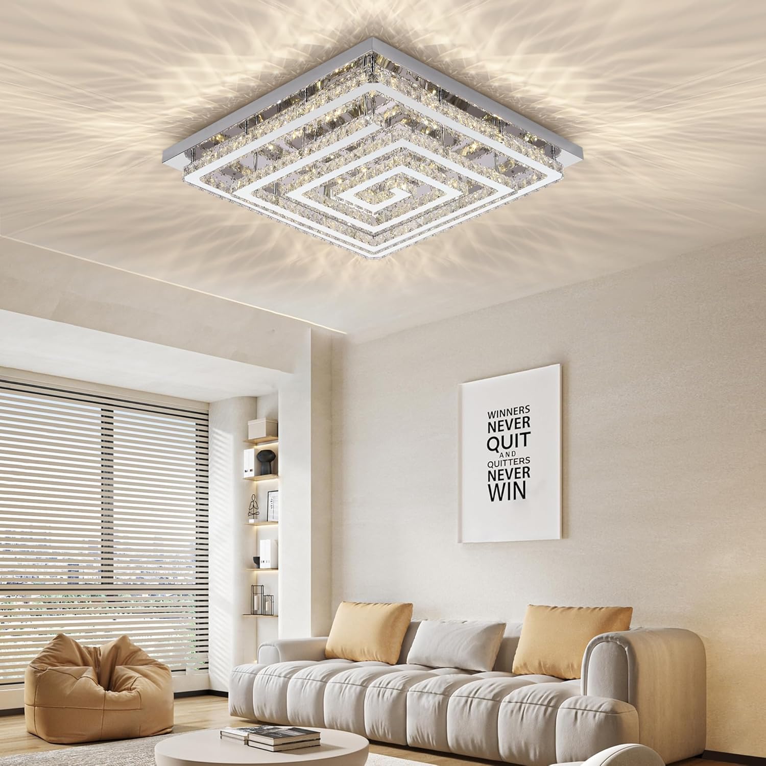 43" Modern Crystal Chandelier with Remote/APP Control, Dimmable Flush Mount Ceiling Light Fixture, 3-Color Temperature, Led Ceiling Lamp for Living Room Bedroom Kitchen Dining Room Entryway