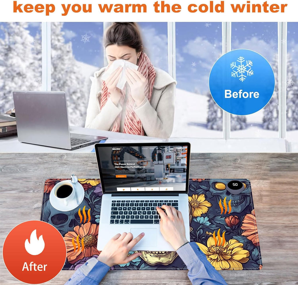 Small Heated Desk Pad 23.6" x 14.2" – Compact Electric Mouse Pad with 3 Heating Levels, Auto Shut-Off, Waterproof PU Surface, Plug-in Warmer for Office or Home Use, Floral Skull