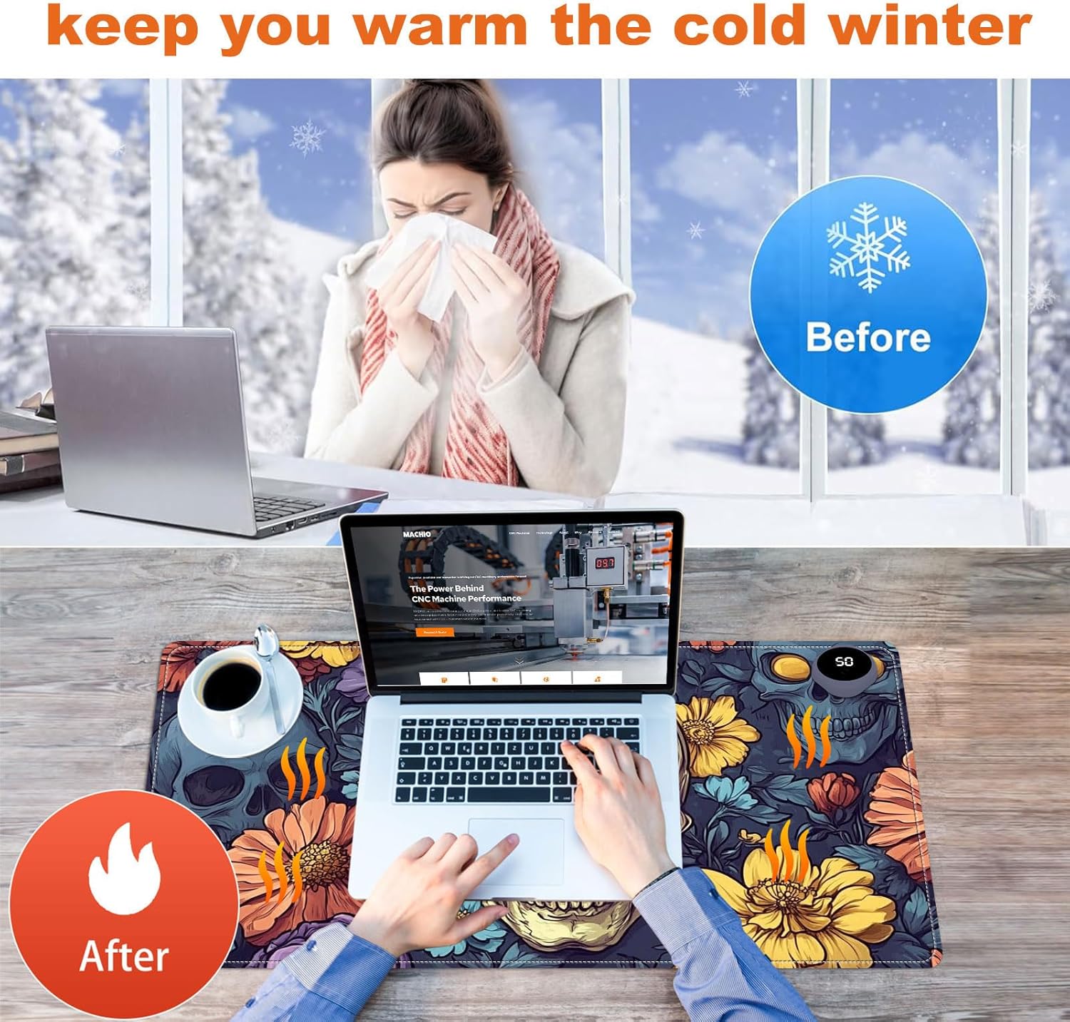 Small Heated Desk Pad 23.6" x 14.2" – Compact Electric Mouse Pad with 3 Heating Levels, Auto Shut-Off, Waterproof PU Surface, Plug-in Warmer for Office or Home Use, Floral Skull