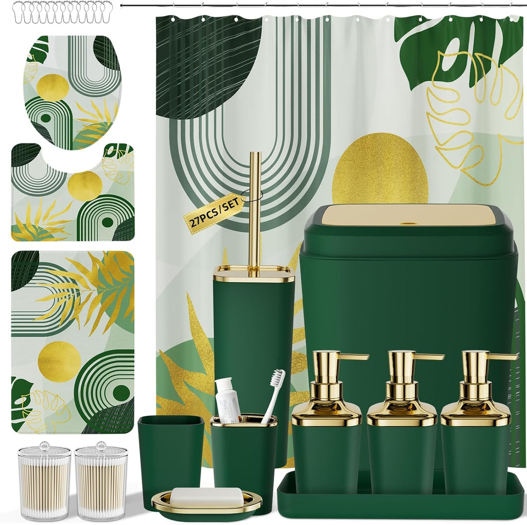 Bathroom Set - Bathroom Sets with Shower Curtain and Rugs, Bathroom Accessory Set, Dark Green Bathroom Accessories Set with Trash Can, Toilet Brush and Soap Dispensers