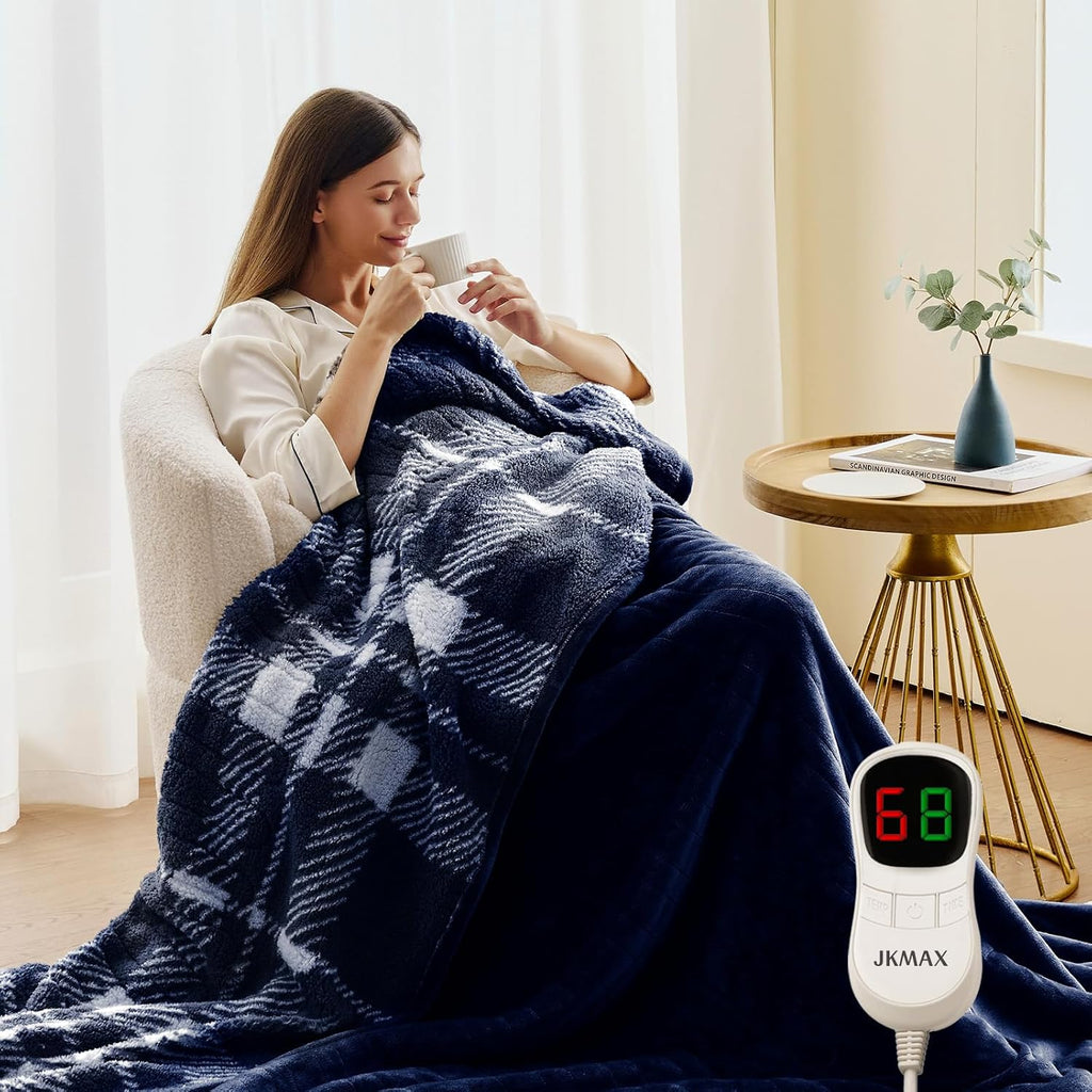 Heated Electric Blanket Throw Size - 50"x60" Flannel Heating Blanket with 10 Heating Levels & 5 Time Settings Over-Heat Protection, Winter Warmer for Adults with ETL Certification（Navy Blue）