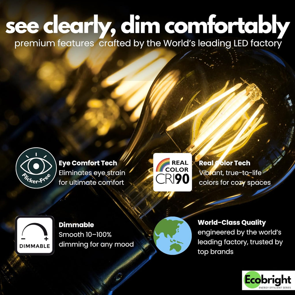 EcoBright 8PK Dimmable A19 LED Filament Bulb 40W Equivalent 5W E26 Base 450 Lumens CRI90 Flicker Free Clear Glass Energy Star Title 20 Warm White 2700K for Lamps Indoor Use