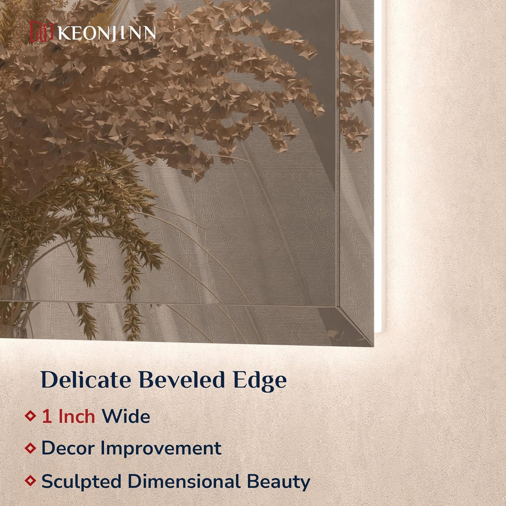 Keonjinn 48 x 36 Inch Large LED Bathroom Mirror with Backlight, Backlit Mirror with Beveled Edge, Safe Tempered Glass, UL-Listed Power Driver, 3 Color Lights, Safe Defogging, Memory Function