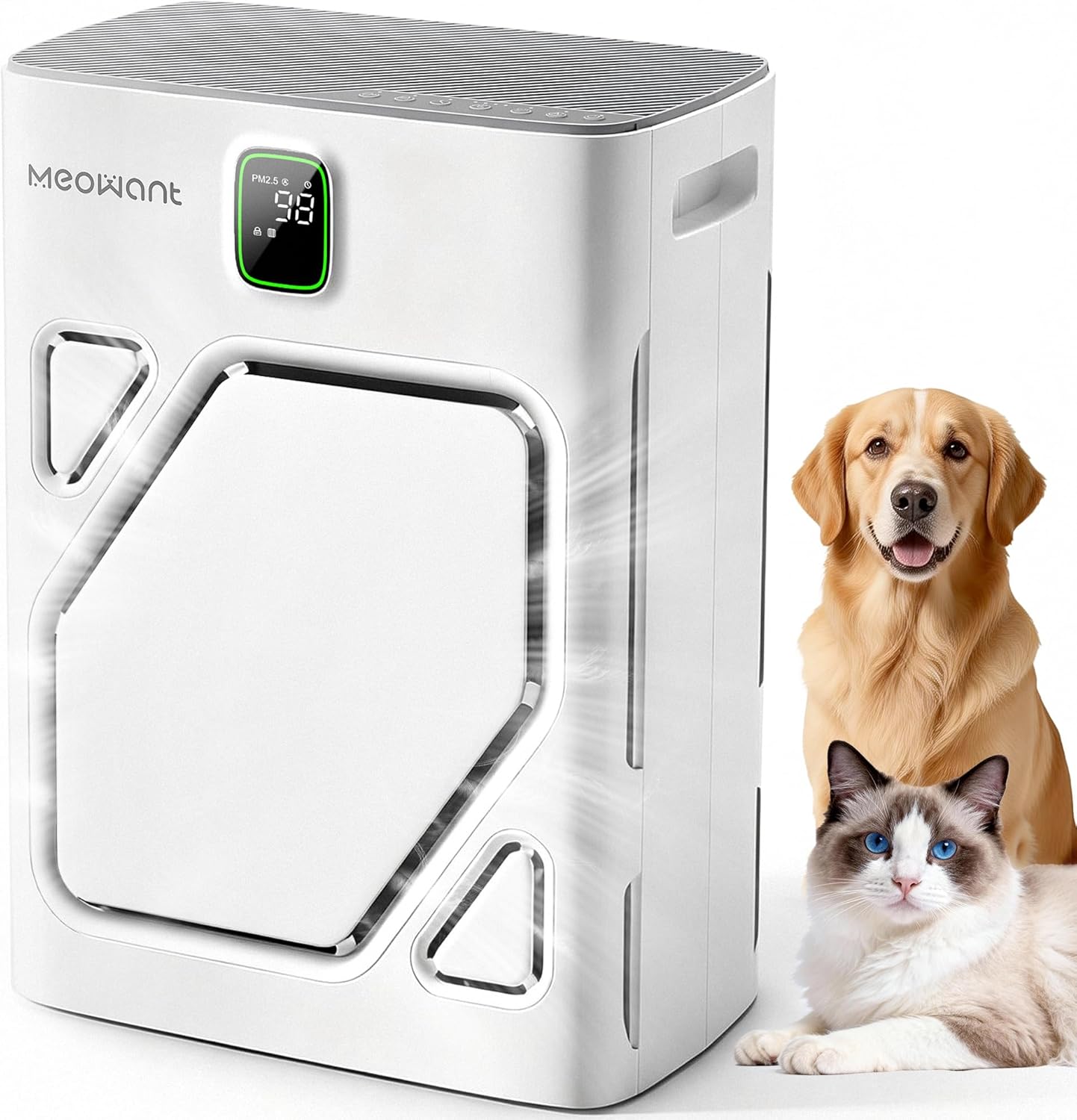 Meowant Air Purifier for Home Large Room 2600ft², H13 HEPA Filter, Double Air Intake, PM2.5 Air Quality Display, Auto Mode, Washable Pre-Filters, 2X-Purification For Pet Hair Dander Odor Dust, White