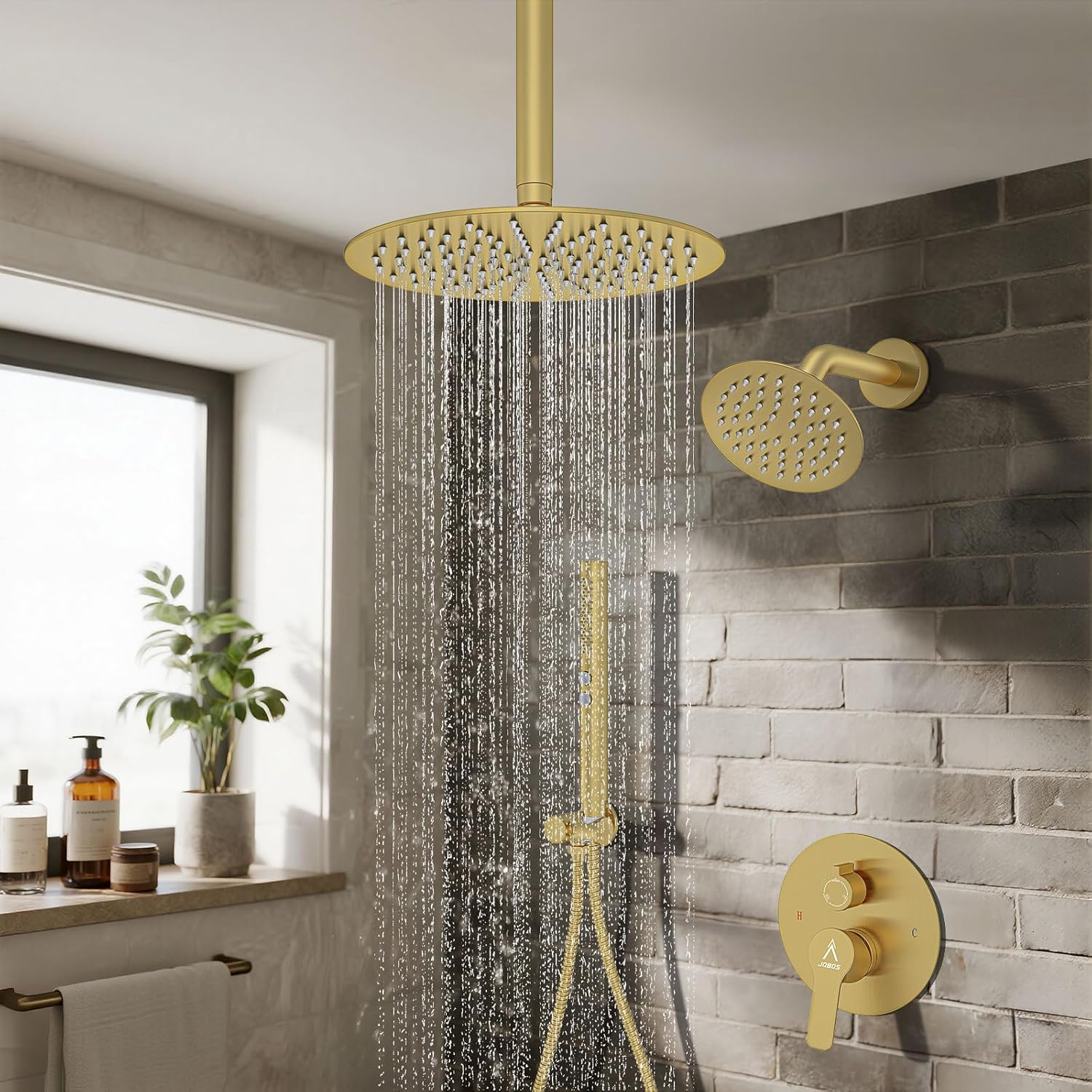 Shower System Shower Faucet Set Rainfall Shower Set with Valve 12+6" Dual Rain Shower Head with Handheld Ceiling Mount Wall Mount Shower Head Shower System, Brushed Gold