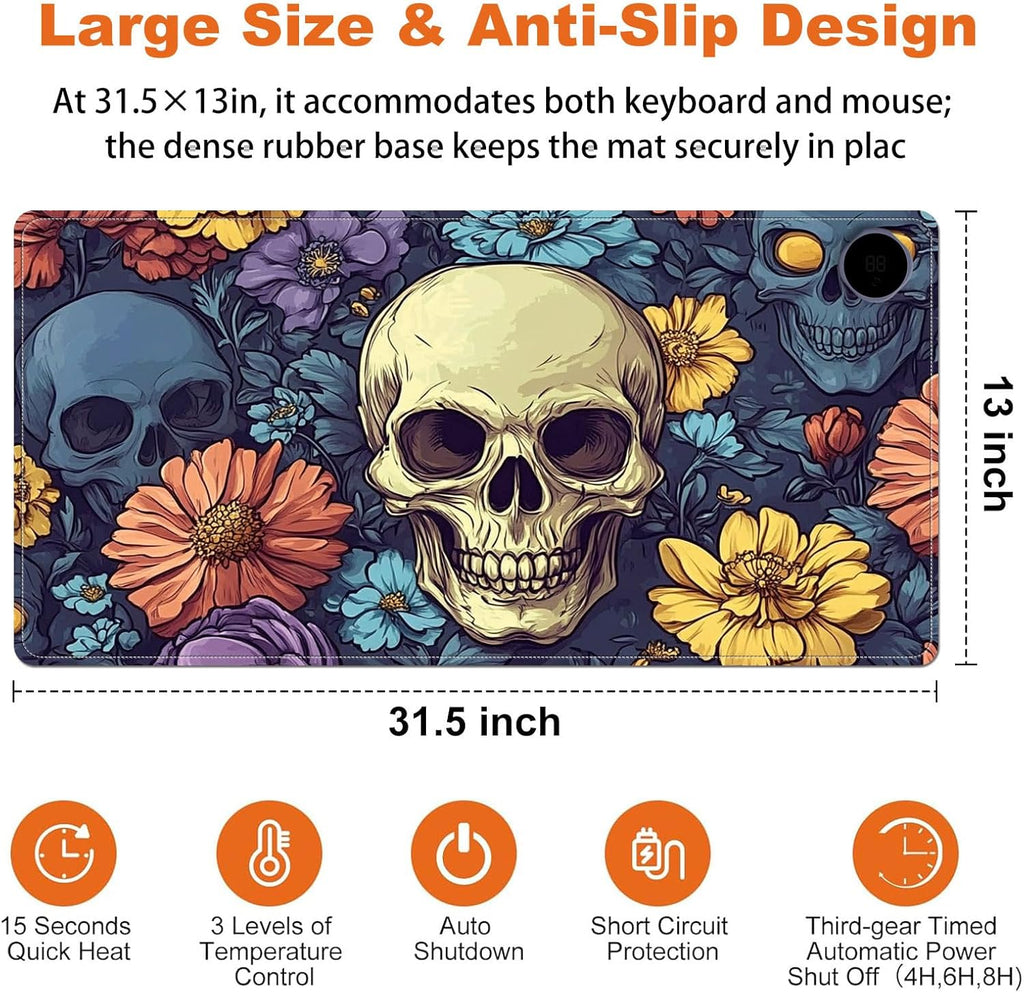 Heated Mouse Pad for Desk 31.5" x 13" – PU Leather Warm Desk Pad with 3 Heat Levels (104°F/113°F/122°F), Plug-in Electric Heating Mat with Auto Shut-Off, Waterproof & Rollable, Floral Skull
