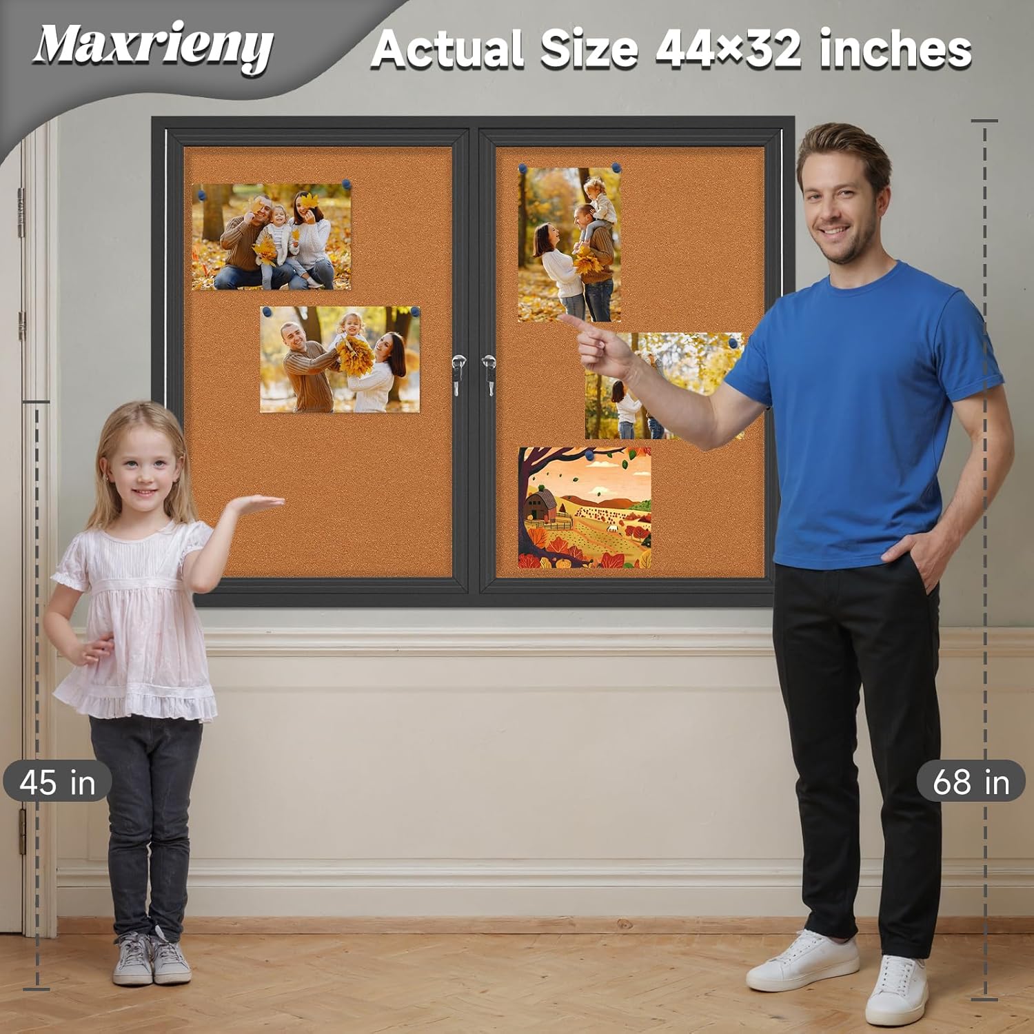 Enclosed Bulletin Board Lockable,Double-Door Weatherproof Outdoor Noticeboard with Locking Door, Wall-Mounted Aluminum Framed Presentation Board, 44x32 Inch (8xA4)