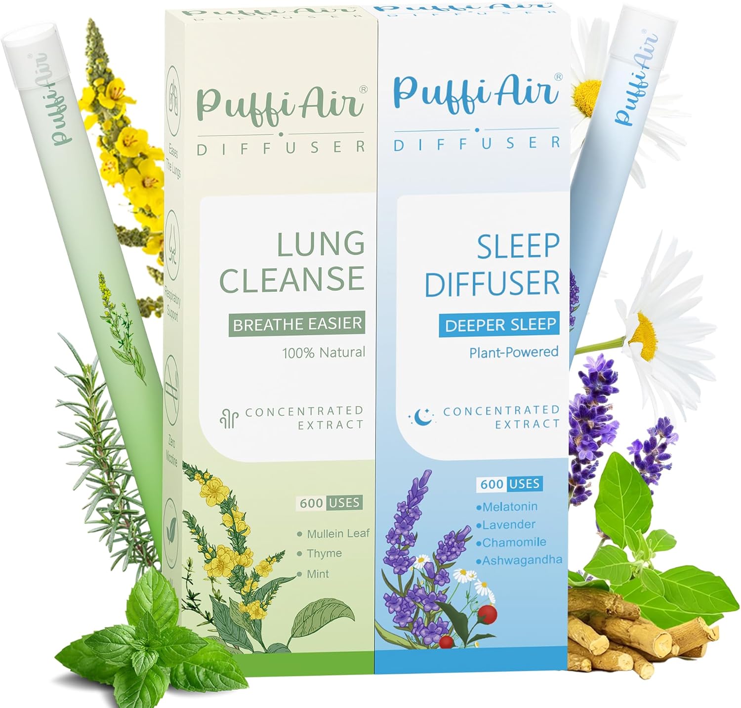 PUFFIAIR Day to Night Harmony Duo Herbal Diffuser Pen Set | Mullein and Melatonin Inspired Blends | Green Blue | 2 Count