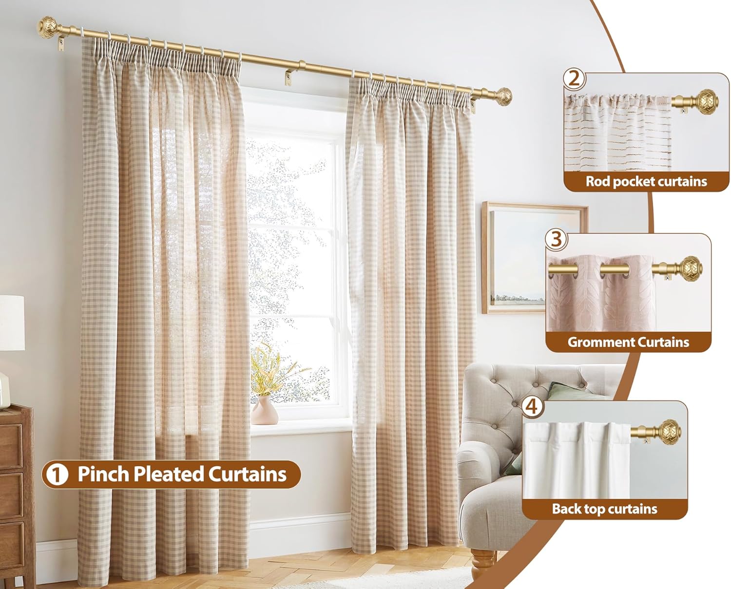 TONIAL Gold Curtain Rod 32 to 58 Inches, 7/8 Adjustable Curtain Rods for Windows 20 to 54 Inches, Splicing Drapery Rods Heavy duty with Netted Texture Finials