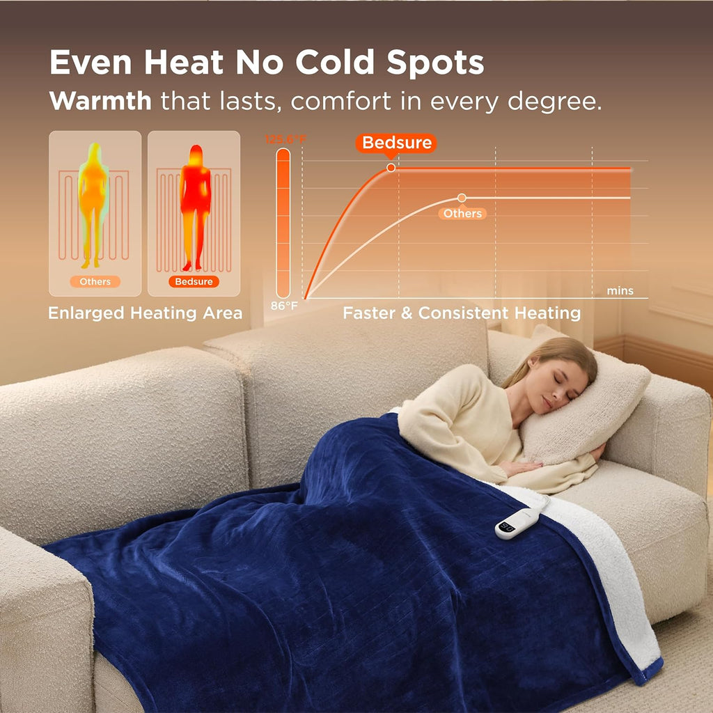 Bedsure Heated Blanket Throw Blanket - Fast Heating Electric Blanket, Soft Flannel Heated Throw with 4 Time Settings, 6 Heating Settings, Warm Gifts for Grandma Granpa (50x60 inches, Pageant Blue)