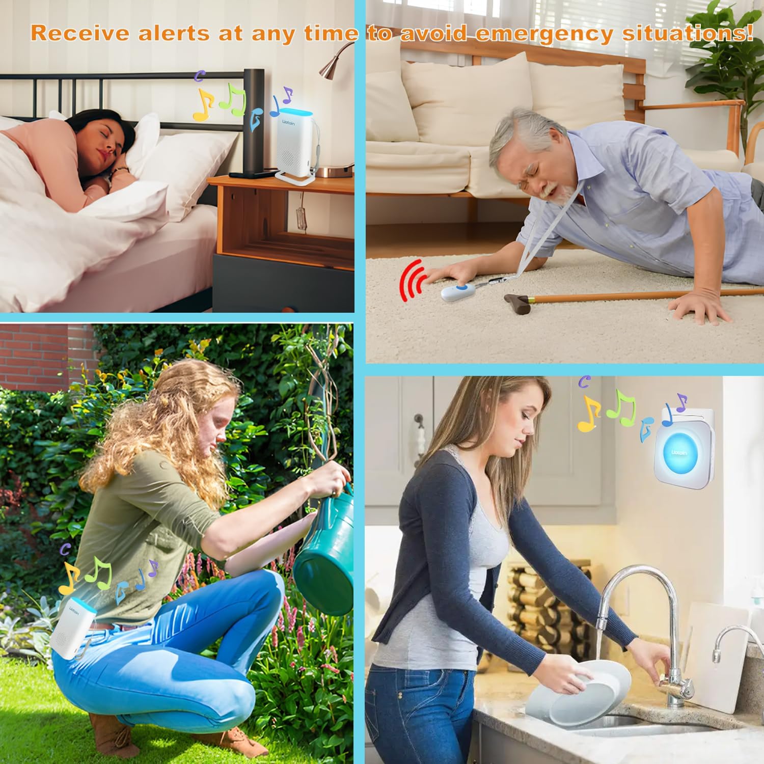 Caregiver Pager Wireless Alert System - Portable Bell for Home/Elderly/Patients/Seniors - 4 Waterproof Buttons, 1 Portable Receiver, 1 Plugin Receiver
