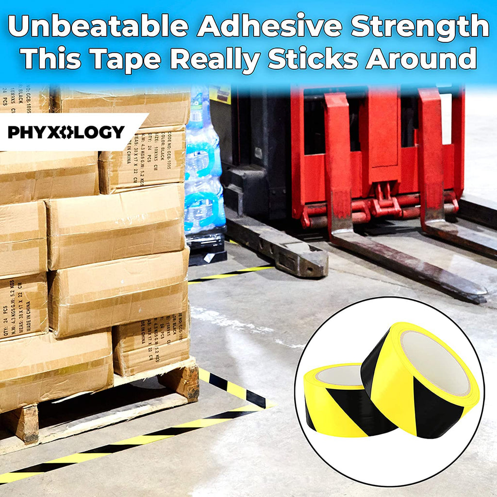 Double-Roll of Ultra-Adhesive Black & Yellow Hazard Tape for Floor Marking 2 Pk. Mark Floors & Watch Your Step Areas for Safety with High-Visibility Anti-Scuff Striped Vinyl by Phyxology Supply.