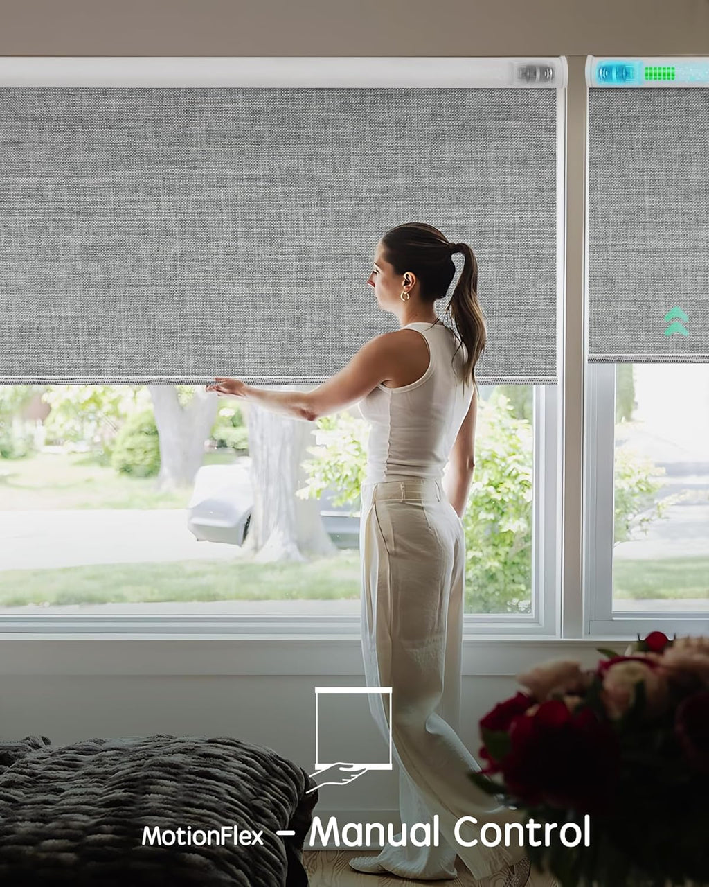 Yoolax Motorized Shades Dual Control, MotionFlex Motorized Roller Shades with App & Manual Control, Pull Down Automatic Shades for Indoor Windows, Custom Size(Blackout Smoky Gray)