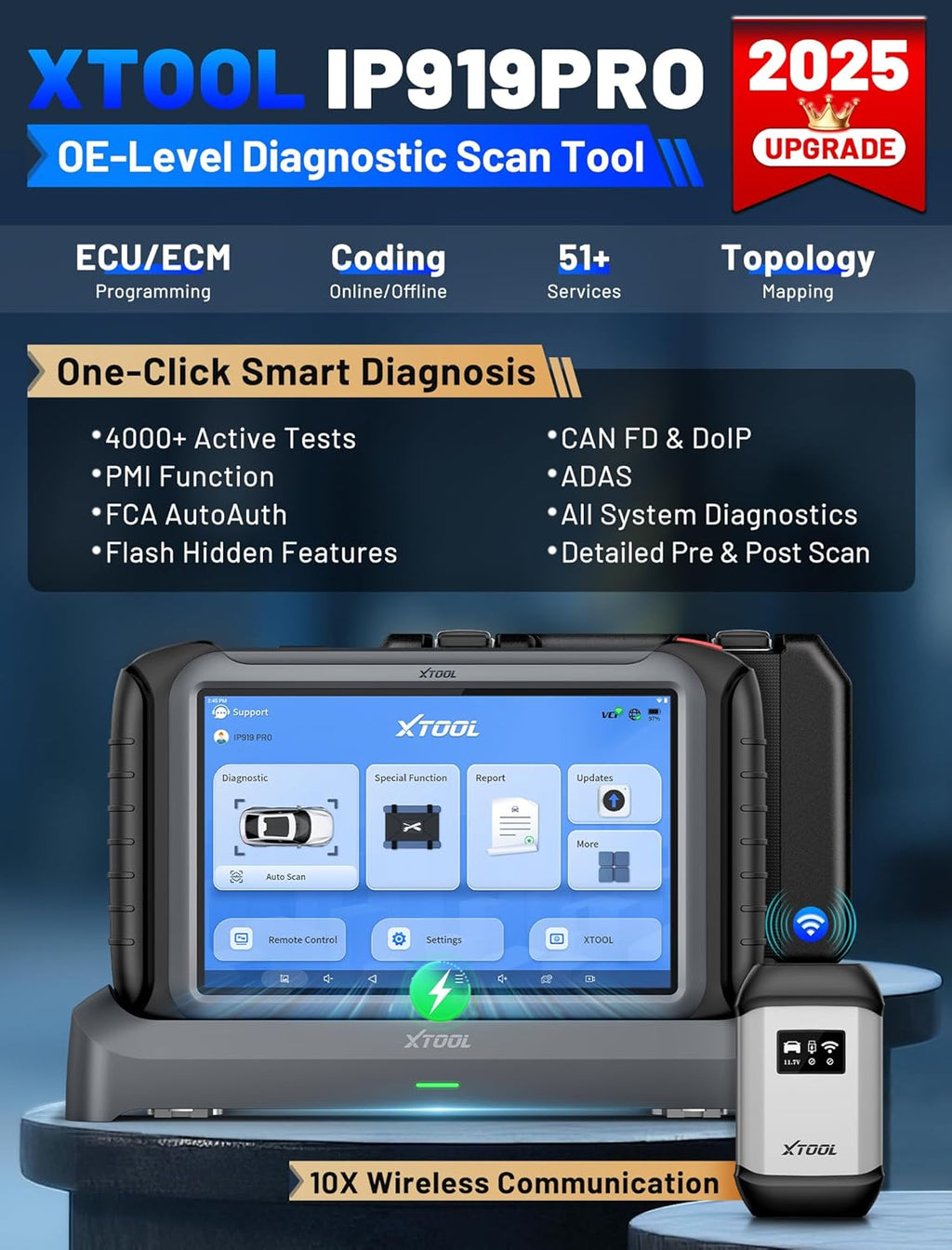 XTOOL IP919 PRO Scan Tool, ECU Pr0 gramming Car OBD2 Scanner with Topology Mapping, Upgrade of D9S PRO, 51+ Resets, ECU C 0ding, FCA/CAN FD/DoIP, Automotive Bidirectional Scan Tool with 3-Year Updates