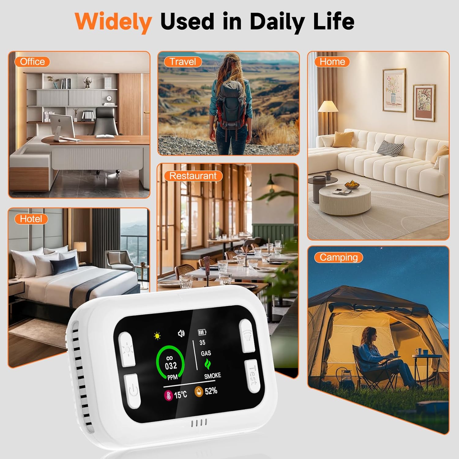 6 in 1 Carbon Monoxide Detectors Plug in, Natural Gas Detector with Smoke, Temp & Humidity Alarm, Portable 1000mAh Battery Backup, HD Digital Screen, 24/7 Home Safety for House, RV, Apartment, Travel