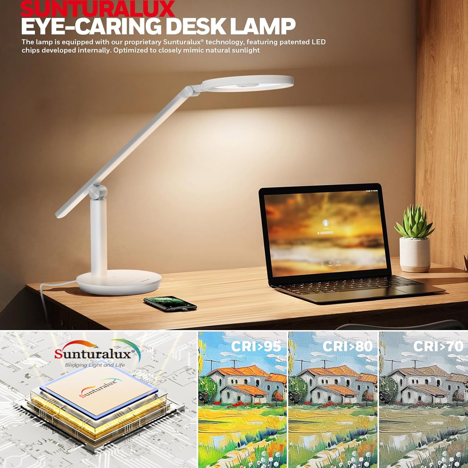 Honeywell Desk Lamp for Home Office, H6 Sunturalux™ Eye-Caring Led Desk Light, 800LM Dimmable Desk Lamp with Timer, Touch Control Tall Desk Reading Light, Table Lamp for Circle Webcam, Study, Bedroom