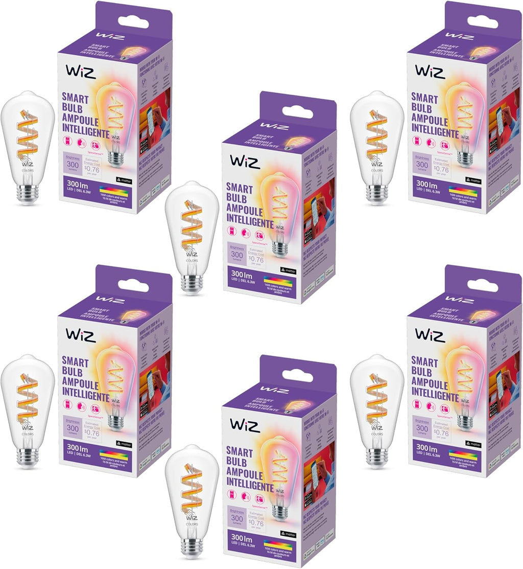 WiZ Connected Color ST19 Filament LED Smart Bulb - Pack of 6-300 Lumen - E26 - Indoor - Wi-Fi Enabled - Voice/App Control - Motion Activation - Matter Compatible