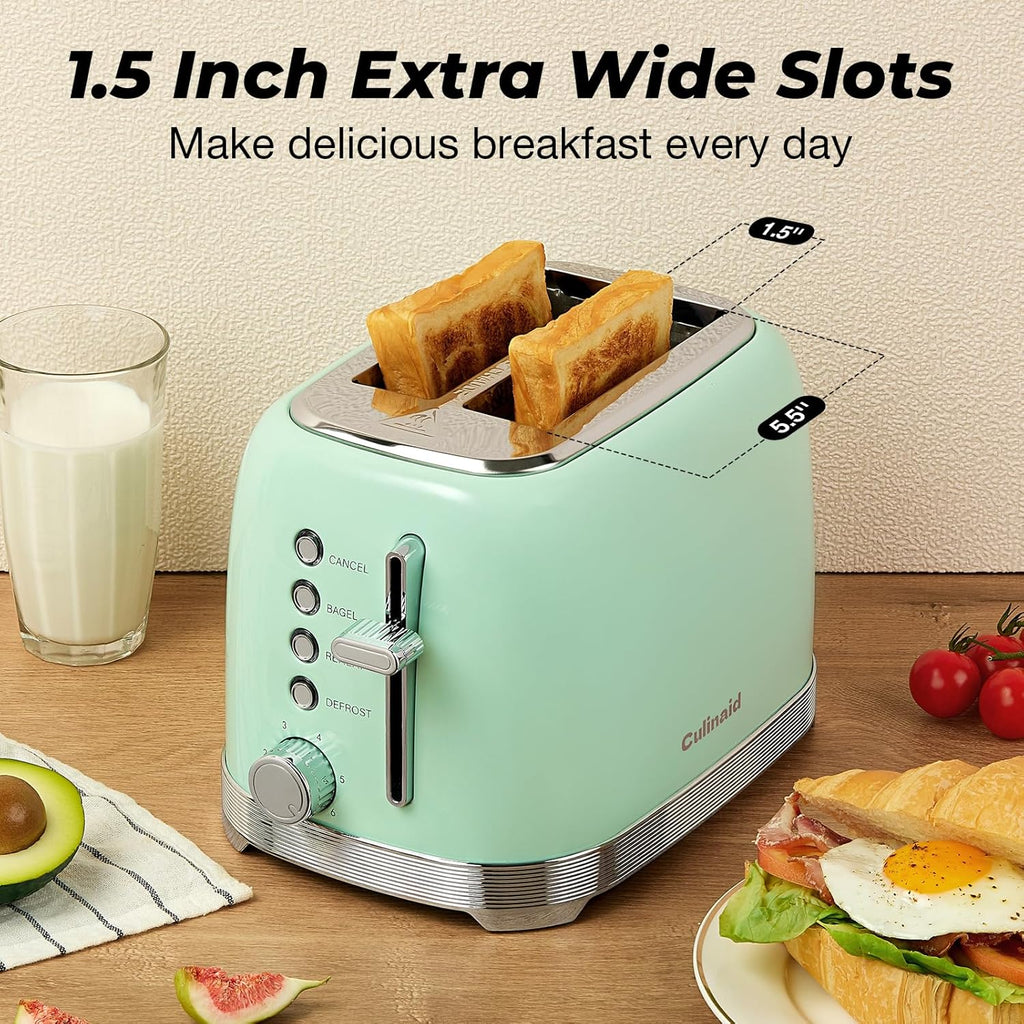 Toaster 2 Slice Retro Stainless Steel with 1.5” Extra Wide Slots Bagel, Defrost, Reheat, Cancel Functions, 6 Bread Shade Settings, Removable Crumb Tray, Aqua Green