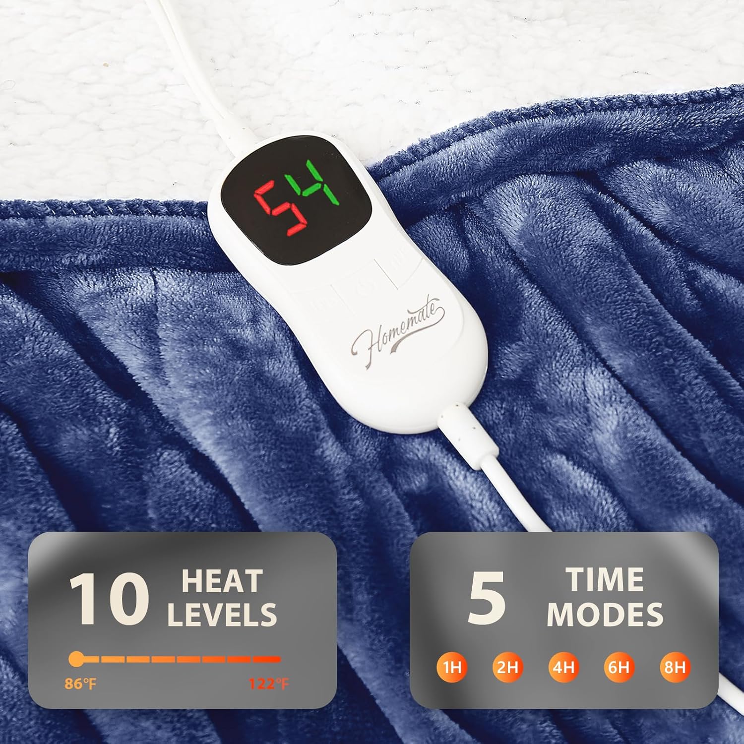 Homemate Electric Heated Blanket Twin - 62"x84" Heating Bed Blankets Throw with 10 Heating Levels 8 Hours Auto Off Fast Heating Over-Heated Protection Ultra Soft Warm Flannel ETL Certified Navy Blue