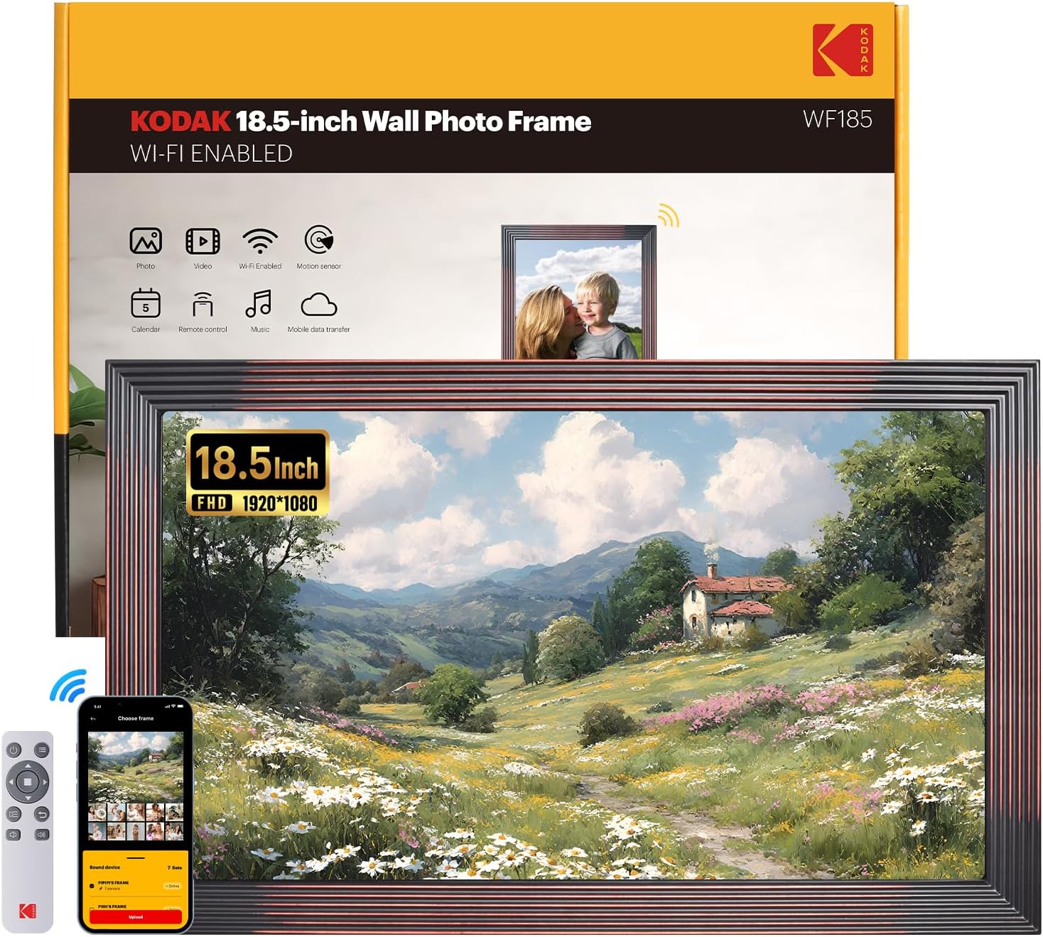 KODAK 18.5 Inch Wooden WiFi Digital Picture Frame,1920 * 1080 X-Large Digital Photo Frame,32GB Memory,IPS Screen, Wall-Mounted with Remote, Share Picture Video, Work with Alexa,Best Gifts for Mom