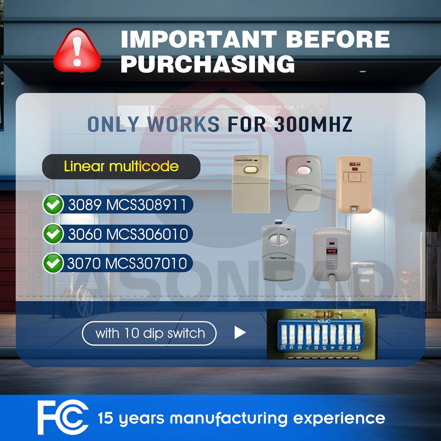 3 for Multi-Code 3089 MultiCode 308911 Linear MCS308911, 300MHZ 10 Dip Switch Gate Opener Remote (3-Year-Warranty)