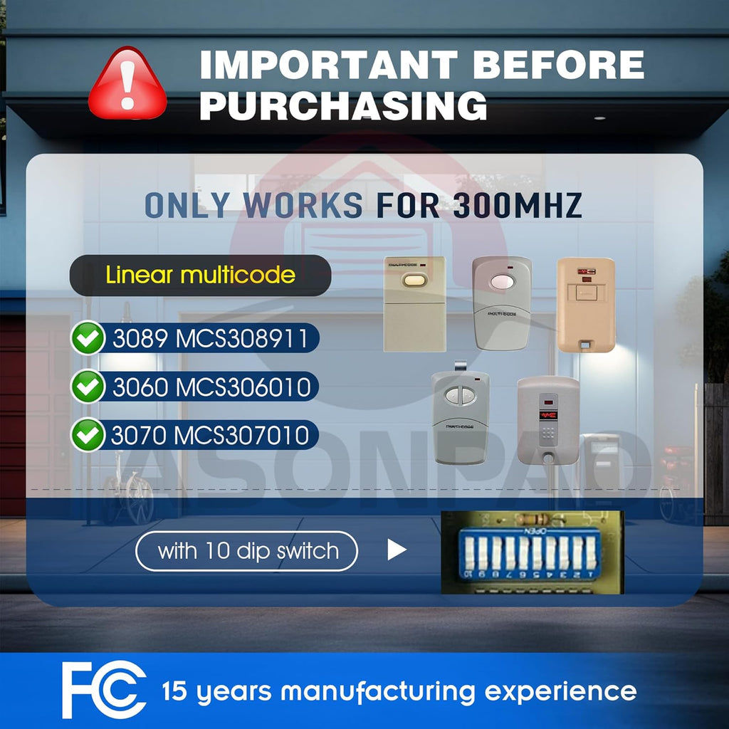 2 for Multi-Code 3089 MultiCode 308911 Linear MCS308911, 300MHZ 10 Dip Switch Gate Opener Remote (3-Year-Warranty)