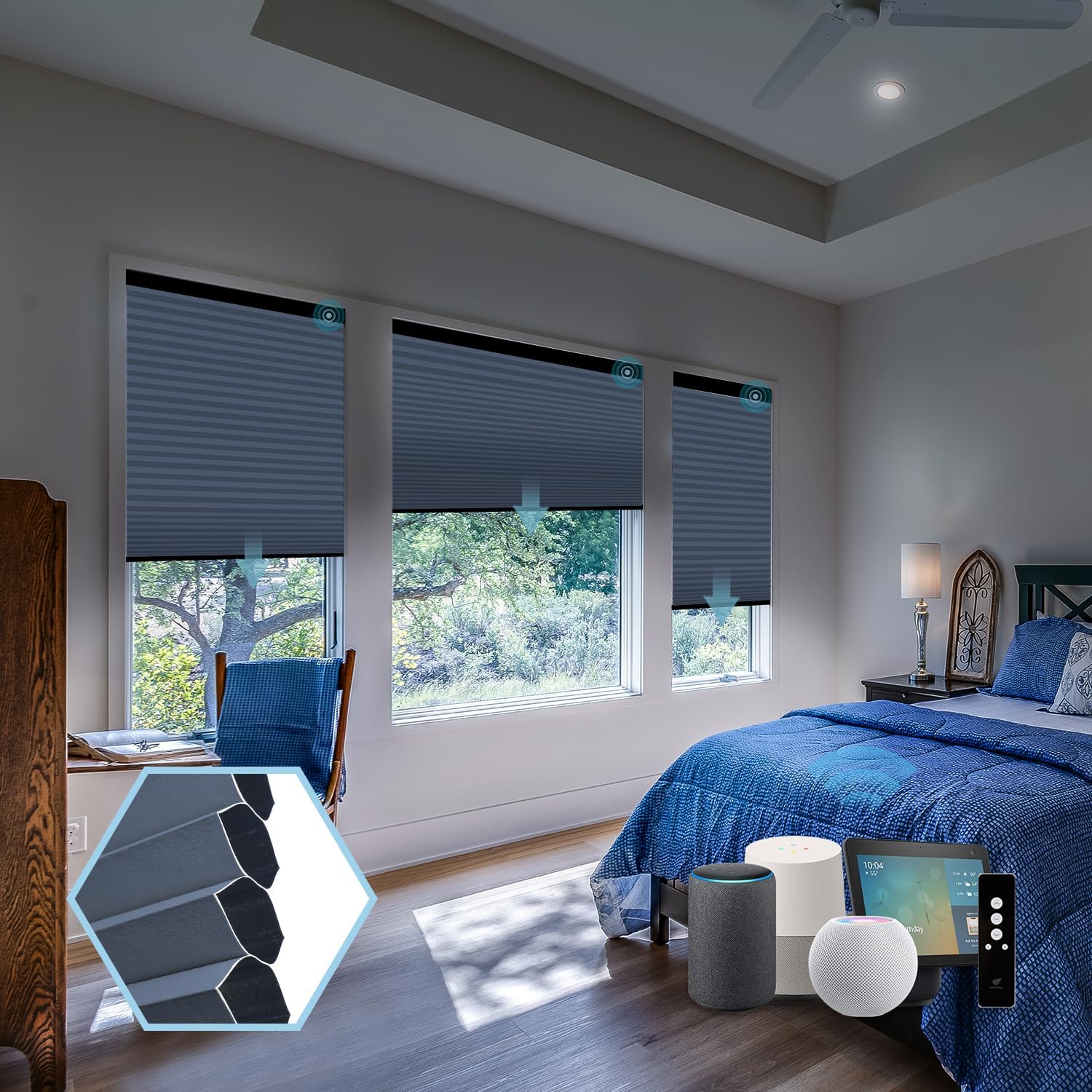 SmartWings Motorized Cellular Shades with Remote, Customized Electric Cordles Honeycomb Blinds Compatible with Alexa/Homekit/Google for Windows, 100% Blackout Single Cell Slate Blue