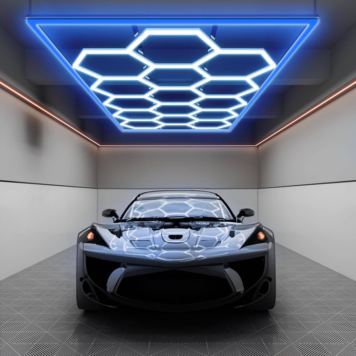 Neatfi LED Hexagon Garage Light 60,720 Lumens, 552W, Honeycomb Ceiling Light for Car Detailing, Auto Shops, Workshop, Warehouse, and Gym (15 Hex Grids, Blue)