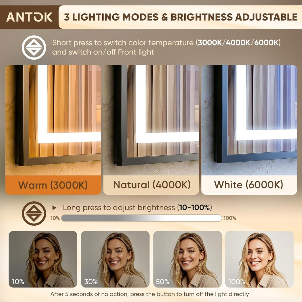 Antok 55X30 LED Bathroom Mirror with Lights, Vanity Mirror for Wall with Black Frame, Touch Control, Anti-Fog, Dimmable Lights, Shatter-Proof, Memory Function, Wall-Mounted Vanity Mirrors