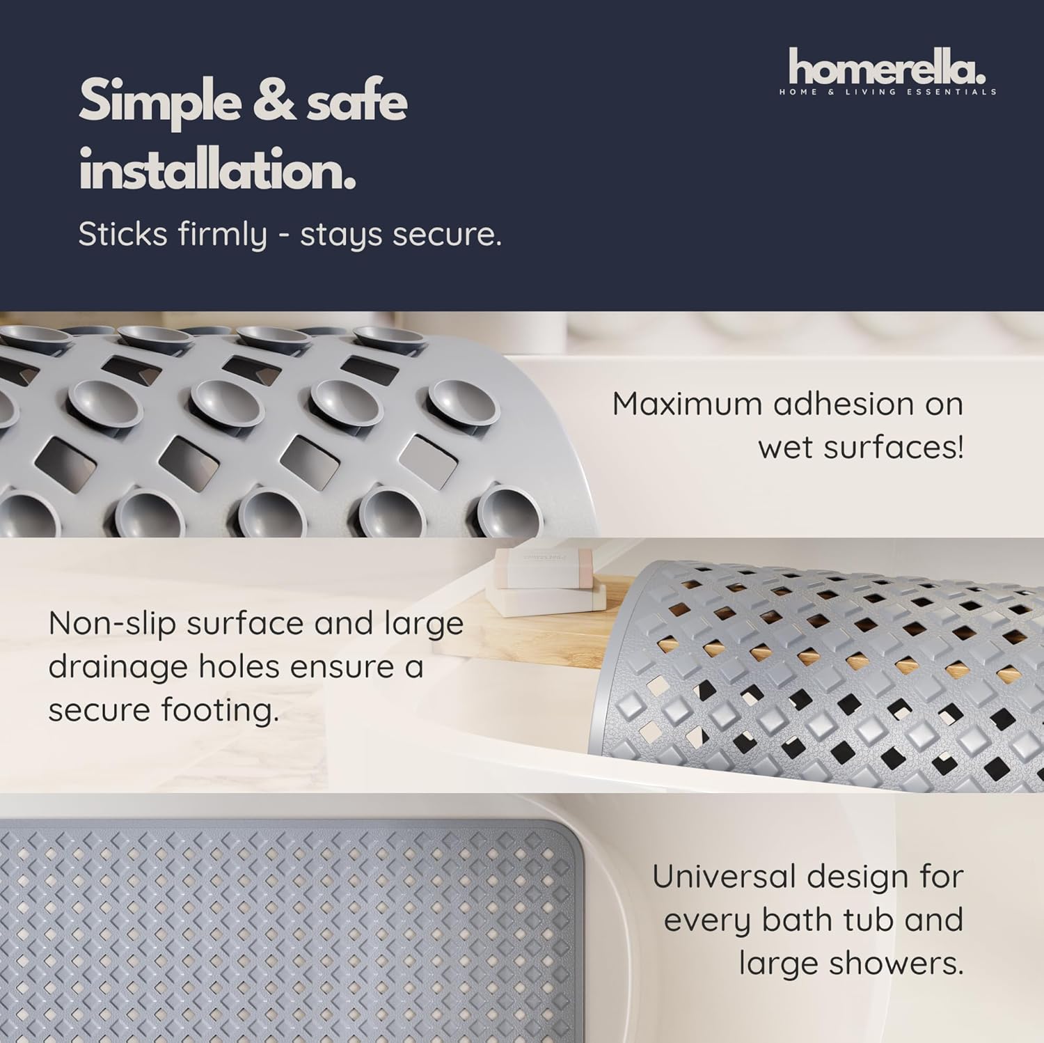 homerella® Bathtub Mat Non Slip 35x16, Incl. Hooks for Drying, Extra Long, 100% BPA Free, Shower Mat Non Slip Anti Mold, Machine Washable, Shower Mats for Inside Shower Mildew Resistant