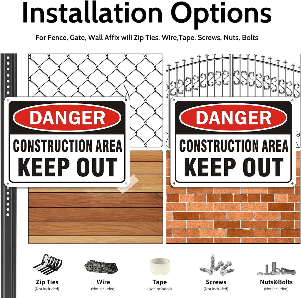 2 Pack "Danger - Construction Area, Keep Out" Sign, 10"x 7" Rust Free Reflective Aluminum Metal Sign, Fade Resistant, Waterproof, Easy to Mount ﻿