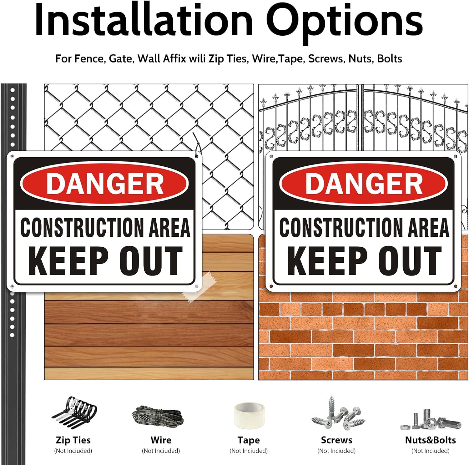 2 Pack "Danger - Construction Area, Keep Out" Sign, 10"x 7" Rust Free Reflective Aluminum Metal Sign, Fade Resistant, Waterproof, Easy to Mount ﻿
