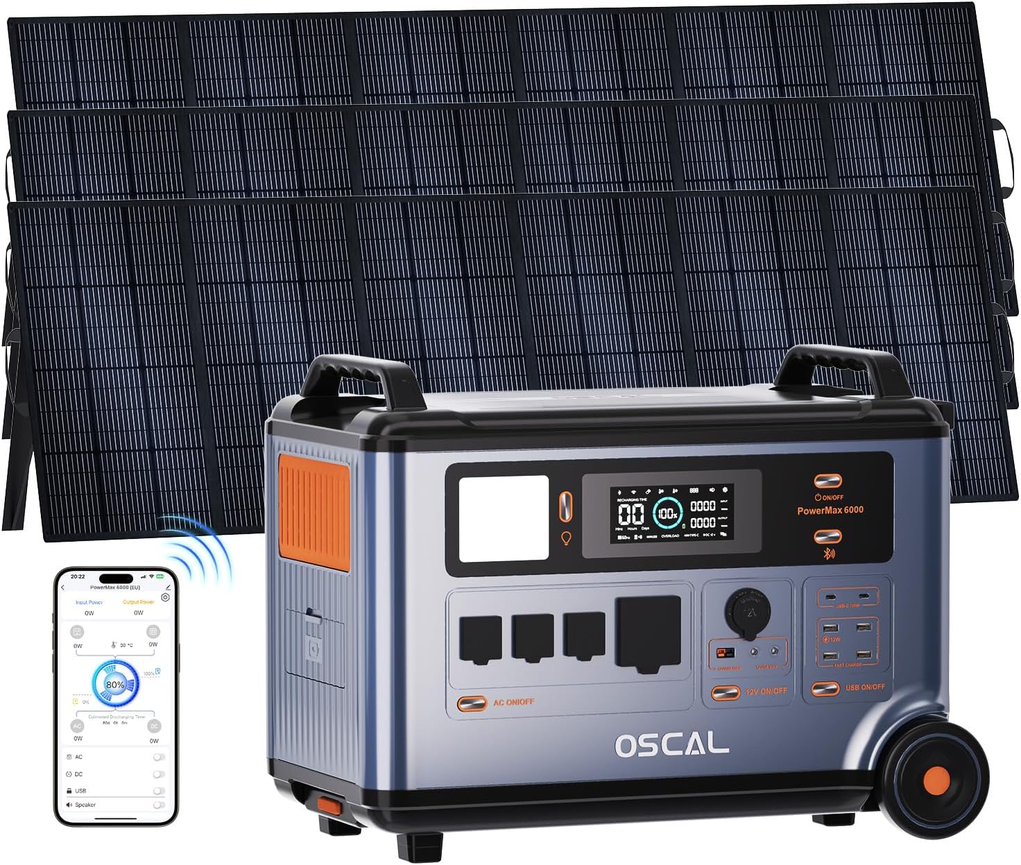 OSCAL 6000W Solar Generator with 3x500W Solar Panel,120V/240V Dual Voltage Portable Power Station 3600WH Lifepo4 Battery with 14 Outlets,2200W 1.96H Fast Charge,Promax6000 for Home Backup.