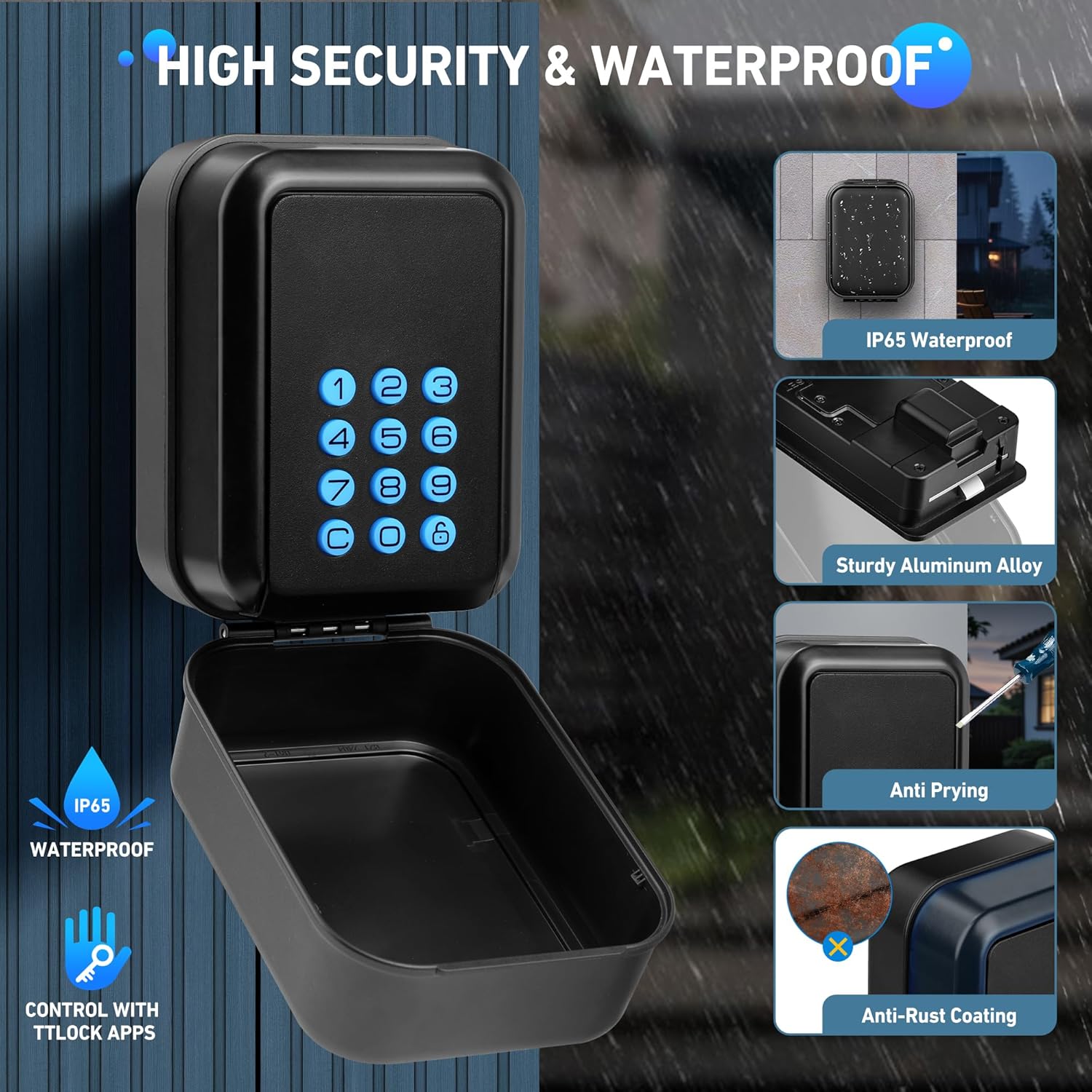 HUANLANG Smart Key Lock Box - Bluetooth Electronic Lock Box for Keys, Wall Mount Digital Key Storage with App Control & PIN Code Types, IP65 Waterproof lockbox for Home, Airbnb, Realtor and Office