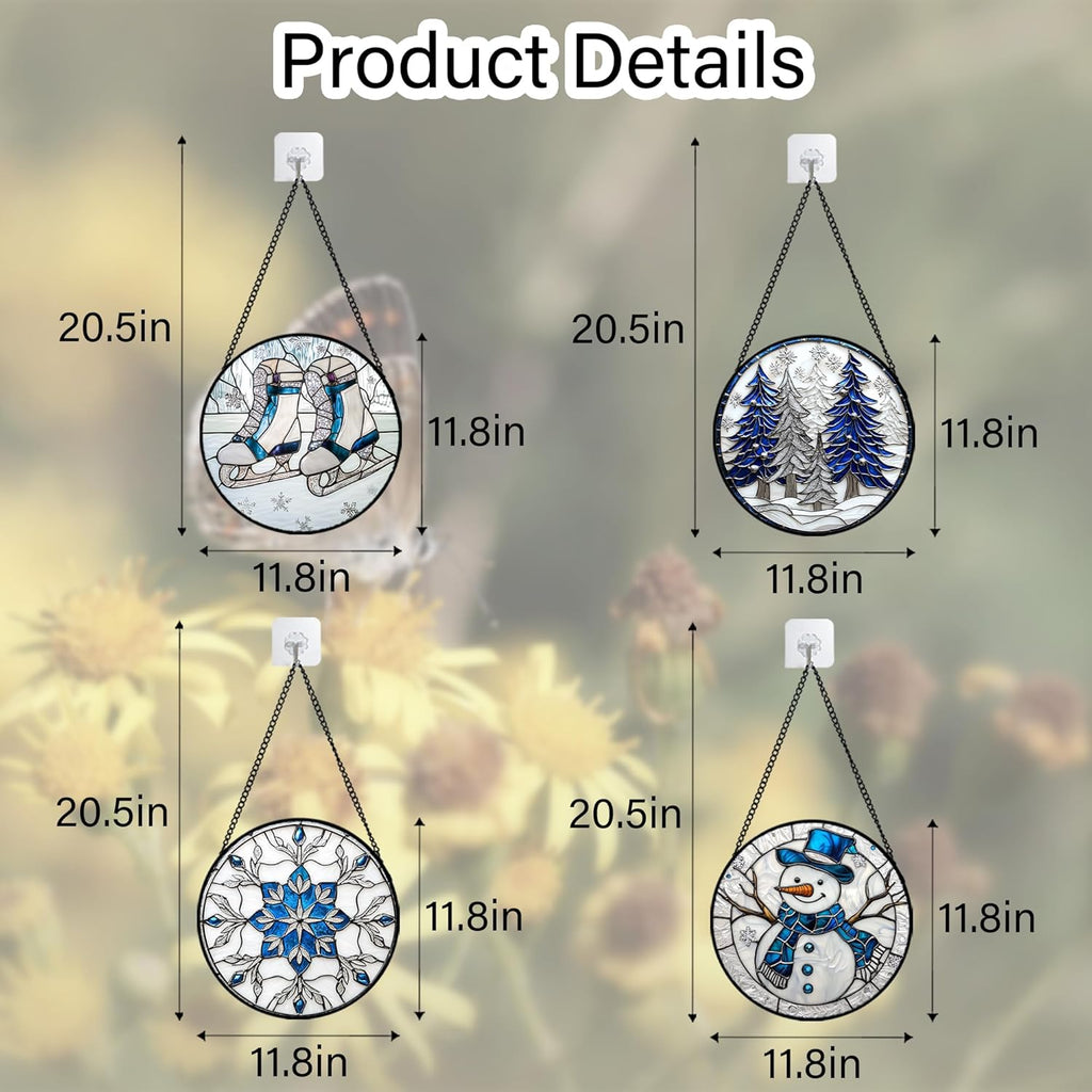 Stained Glass Window Hanging 4 Pcs Set White Winter Christmas Snow Scene Large 11.8" - Suncatcher Door Garden Sun Catcher Decor Birthday for Mom Woman Nana Men Friend Wife