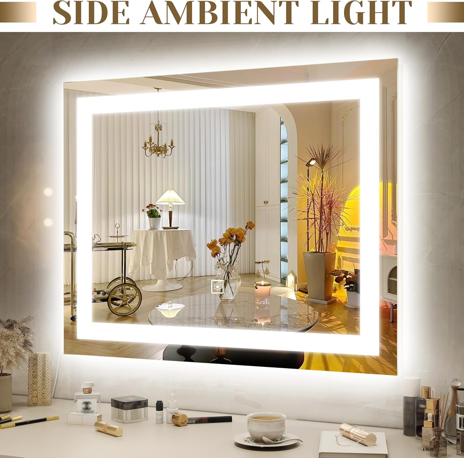 ROLOVE 22x20 Inch Lighted Vanity Mirror, 3-Mode Touch Dimming LED Lighting, Large Makeup Mirror for Dressing Room, Tabletop or Wall-Mounted, White