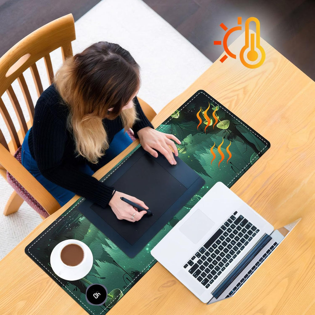 Heated Mouse Pad, Warm Desk Pad, Keyboard Mat 31.5 x 13 Inch Large Size Intelligent Fast Heating, 3 Speed Adjustable, Timed Auto Power Off for Game Office Home,Dark Fantasy Forest