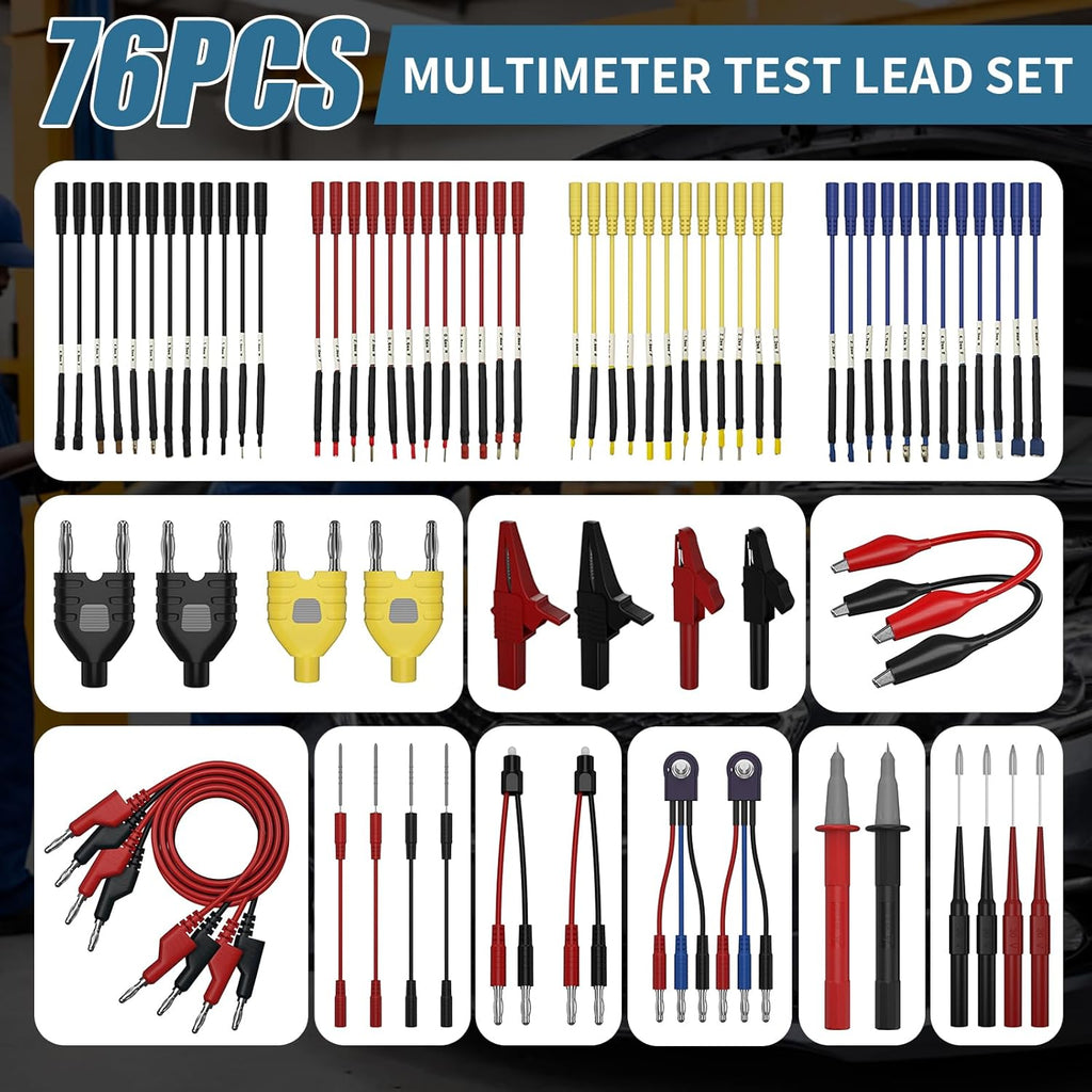 76 Pcs Automotive Circuit Test Lead Kit, Multimeter Test Leads Kit, Electrical Back Probe Kit, Alligator Clip, Acicular Probe, Banana Plug Adapters, Volt Meter Lead (with Carrying Case)