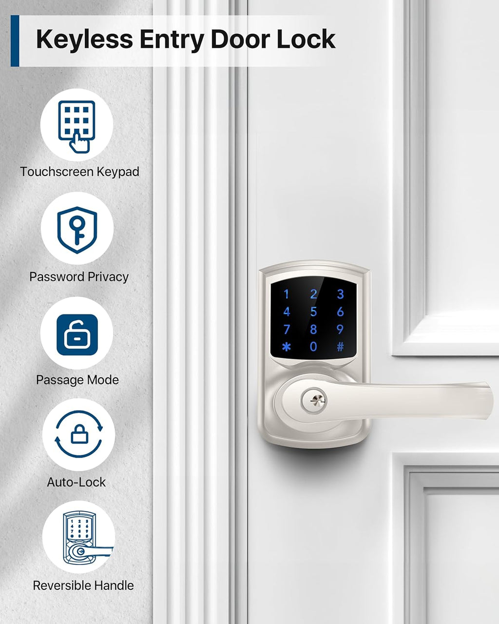 HIDALIFE Keyless Entry Door Lock, Keypad Door-Lock with Handle, Touchscreen, Auto-Locking, Anti-peep Password, Easy to Install for Front Doors, Home, Office, Satin Nickel 2 Pack